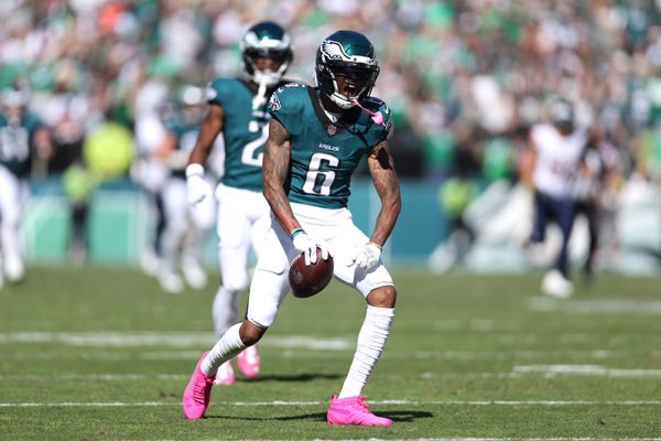 Oct 5, 2025; Philadelphia, Pennsylvania, USA; Philadelphia Eagles wide receiver Devonta Smith (6) celebrates after a catch against the Denver Broncos in the second quarter at Lincoln Financial Field. Mandatory Credit: Bill Streicher-Imagn Images