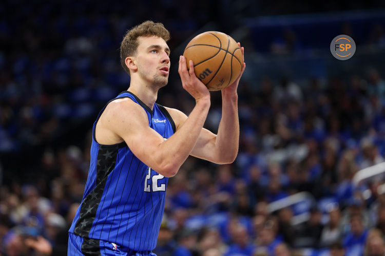 Apr 27, 2024; Orlando, Florida, USA; Orlando Magic forward Franz Wagner (22) attempts a free throw against the Cleveland Cavaliers in the first quarter during game four of the first round for the 2024 NBA playoffs at Kia Center. Credit: Nathan Ray Seebeck-USA TODAY Sports