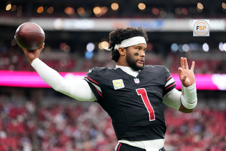 Oct 5, 2025; Glendale, Arizona, USA; Arizona Cardinals quarterback Kyler Murray (1) warms up before their game against the Tennessee Titans at State Farm Stadium. Credit: Joe Camporeale-Imagn Images