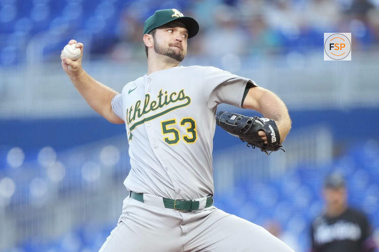 May 2, 2025; Miami, Florida, USA;  Oakland Athletics pitcher Gunnar Hoglund (53) pitches in the first inning against the Miami Marlins at loanDepot Park. Credit: Jim Rassol-Imagn Images