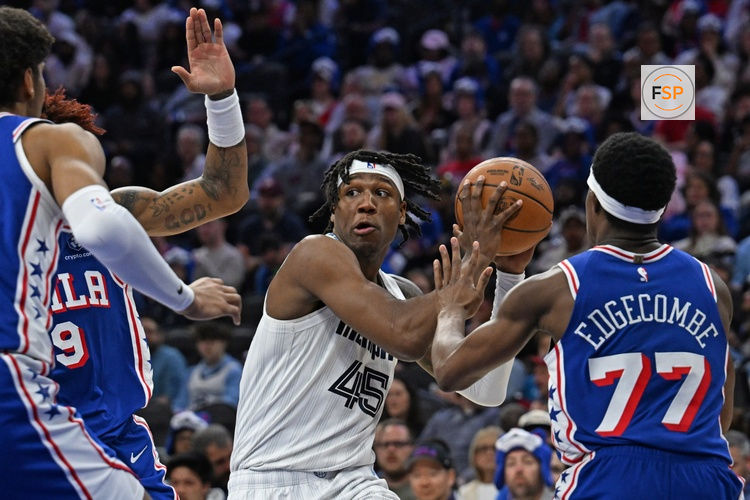 Mar 10, 2026; Philadelphia, Pennsylvania, USA; Memphis Grizzlies forward GG Jackson (45) looks to pass the ball against the Philadelphia 76ers during the first half at Xfinity Mobile Arena. Credit: Eric Hartline-Imagn Images