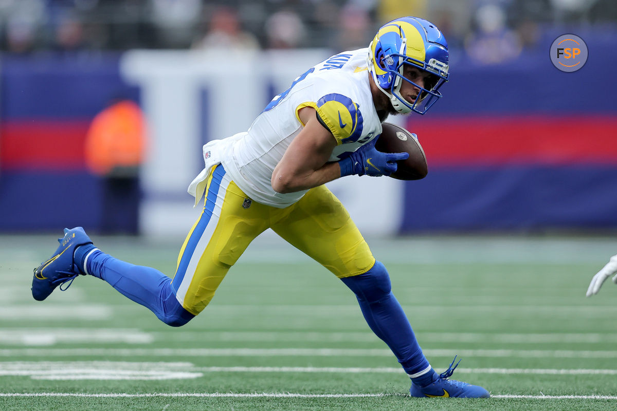 Dec 31, 2023; East Rutherford, New Jersey, USA; Los Angeles Rams wide receiver Cooper Kupp (10) runs with the ball against the New York Giants during the first quarter at MetLife Stadium. Credit: Brad Penner-USA TODAY Sports