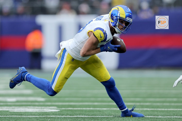 Dec 31, 2023; East Rutherford, New Jersey, USA; Los Angeles Rams wide receiver Cooper Kupp (10) runs with the ball against the New York Giants during the first quarter at MetLife Stadium. Credit: Brad Penner-USA TODAY Sports