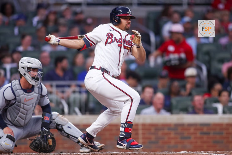Apr 29, 2026; Atlanta, Georgia, USA; Atlanta Braves designated hitter Drake Baldwin (30) hits a single against the Detroit Tigers in the third inning at Truist Park. Credit: Brett Davis-Imagn Images
