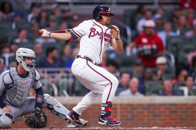 Apr 29, 2026; Atlanta, Georgia, USA; Atlanta Braves designated hitter Drake Baldwin (30) hits a single against the Detroit Tigers in the third inning at Truist Park. Mandatory Credit: Brett Davis-Imagn Images
