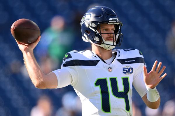 Nov 23, 2025; Nashville, Tennessee, USA;  Seattle Seahawks quarterback Sam Darnold (14) warms up before a game against the Tennessee Titans at Nissan Stadium. Mandatory Credit: Steve Roberts-Imagn Images