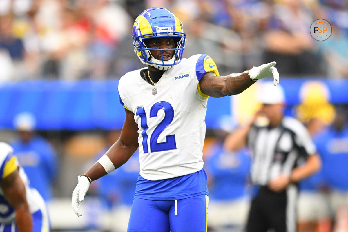 INGLEWOOD, CA - SEPTEMBER 17: Los Angeles Rams wide receiver Van Jefferson (12) looks on during the NFL game between the San Francisco 49ers and the Los Angeles Rams on September 17, 2023, at SoFi Stadium in Inglewood, CA. (Photo by Brian Rothmuller/Icon Sportswire)