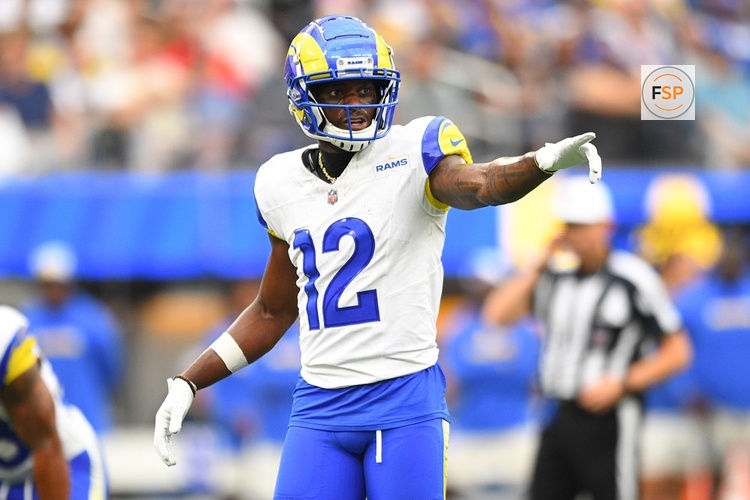 INGLEWOOD, CA - SEPTEMBER 17: Los Angeles Rams wide receiver Van Jefferson (12) looks on during the NFL game between the San Francisco 49ers and the Los Angeles Rams on September 17, 2023, at SoFi Stadium in Inglewood, CA. (Photo by Brian Rothmuller/Icon Sportswire)
