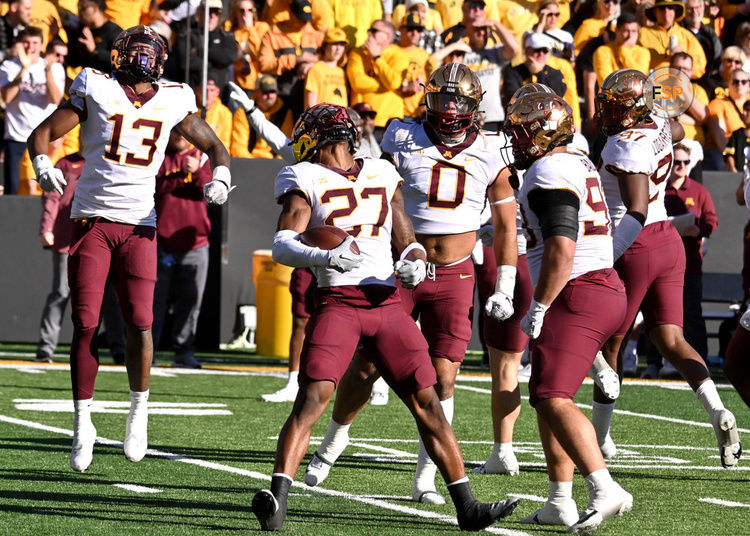 IOWA CITY, IA - OCTOBER 21: Minnesota safety Tyler Nubin (27) celebrates after recovering a fumble during a college football game between the Minnesota Golden Gophers and the Iowa Hawkeyes on October 21, 2023, at Kinnick Stadium in Iowa City, IA. (Photo by Keith Gillett/Icon Sportswire)