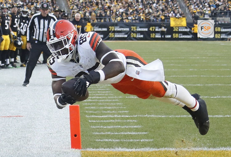 Dec 8, 2024; Pittsburgh, Pennsylvania, USA;  Cleveland Browns tight end David Njoku (85) dives into the end-zone to score a touchdown against the Pittsburgh Steelers during the fourth quarter at Acrisure Stadium. Credit: Charles LeClaire-Imagn Images