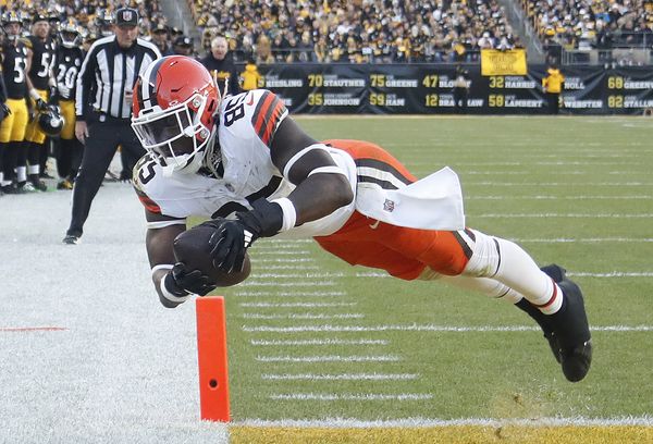 Dec 8, 2024; Pittsburgh, Pennsylvania, USA;  Cleveland Browns tight end David Njoku (85) dives into the end-zone to score a touchdown against the Pittsburgh Steelers during the fourth quarter at Acrisure Stadium. Mandatory Credit: Charles LeClaire-Imagn Images
