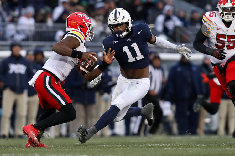 Nov 30, 2024; University Park, Pennsylvania, USA; (Editors Notes: Caption Correction) Penn State Nittany Lions defensive end Abdul Carter (11) pressures Maryland Terrapins quarterback MJ Morris (7) during the first quarter at Beaver Stadium. Credit: Matthew O'Haren-Imagn Images