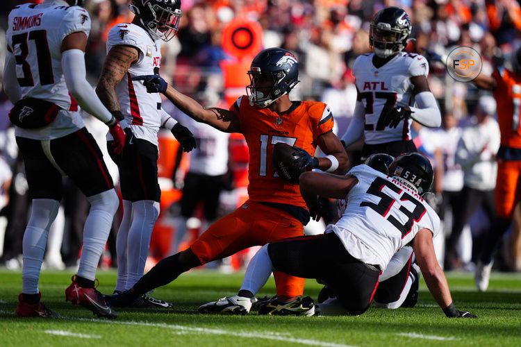 Nov 17, 2024; Denver, Colorado, USA; Denver Broncos wide receiver Devaughn Vele (17) during the first quarter against the Atlanta Falcons at Empower Field at Mile High. Credit: Ron Chenoy-Imagn Images