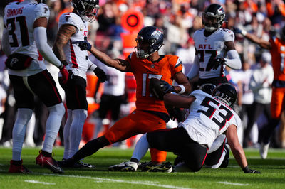 Nov 17, 2024; Denver, Colorado, USA; Denver Broncos wide receiver Devaughn Vele (17) during the first quarter against the Atlanta Falcons at Empower Field at Mile High. Mandatory Credit: Ron Chenoy-Imagn Images