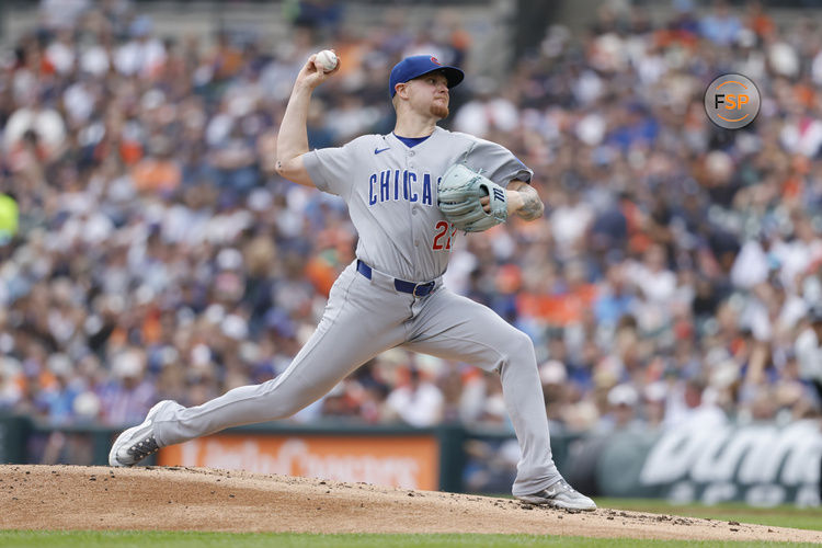 Jun 8, 2025; Detroit, Michigan, USA;  Chicago Cubs pitcher Cade Horton (22) pitches in the first inning against the Detroit Tigers at Comerica Park. Credit: Rick Osentoski-Imagn Images