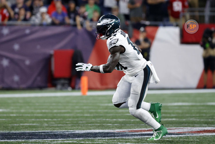 FOXBOROUGH, MA - SEPTEMBER 10: Philadelphia Eagles wide receiver A.J. Brown (11) carries during a game between the New England Patriots and the Philadelphia Eagles on September 10, 2023, at Gillette Stadium in Foxborough, Massachusetts. (Photo by Fred Kfoury III/Icon Sportswire)