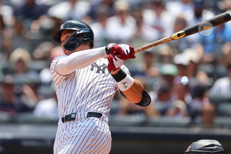 BRONX, NY - JULY 06:  Aaron Judge #99 of the New York Yankees at bat during the game against the Boston Red Sox on July 6, 2024 at Yankee Stadium in the Bronx, New York.  (Photo by Rich Graessle/Icon Sportswire)