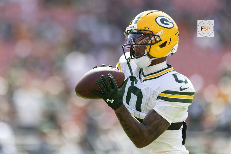 Sep 21, 2025; Cleveland, Ohio, USA; Green Bay Packers wide receiver Matthew Golden (0) catches the ball during warm ups before the game against the Cleveland Browns at Huntington Bank Field. Credit: Scott Galvin-Imagn Images