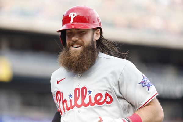 Jul 11, 2026; Detroit, Michigan, USA; Philadelphia Phillies left fielder Brandon Marsh (16) looks on after an at bat in the first inning against the Detroit Tigers at Comerica Park. Mandatory Credit: Brian Bradshaw Sevald-Imagn Images