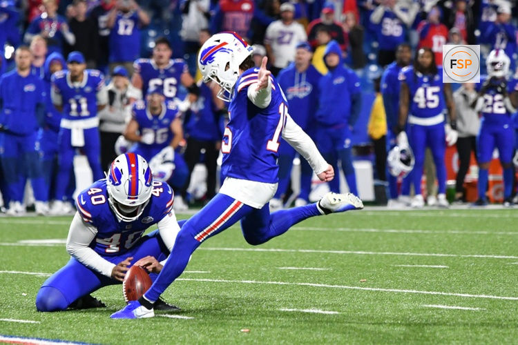 Sep 7, 2025; Orchard Park, New York, USA;  Buffalo Bills placekicker Matt Prater (15) kicks a field goal to win the game during the fourth quarter against the Baltimore Ravens at Highmark Stadium. Credit: Mark Konezny-Imagn Images