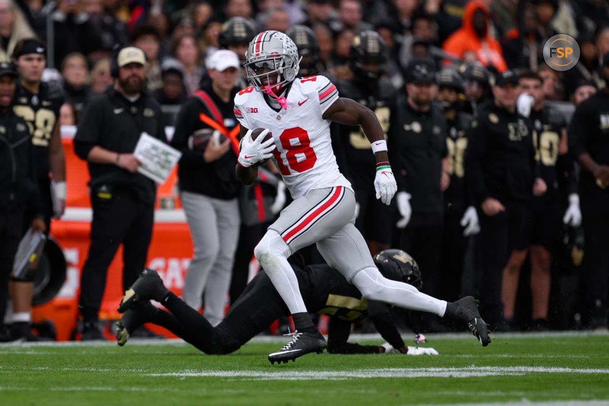 WEST LAFAYETTE, IN - OCTOBER 14: Ohio State Buckeyes wide receiver Marvin Harrison Jr. (18) runs down the field after a catch during the college football game between the Purdue Boilermakers and Ohio State Buckeyes on October 14, 2023, at Ross-Ade Stadium in West Lafayette, IN. (Photo by Zach Bolinger/Icon Sportswire)