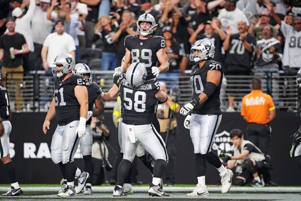 Nov 2, 2025; Paradise, Nevada, USA; Las Vegas Raiders tight end Brock Bowers (89) celebrates after a touchdown during the second half against the Jacksonville Jaguars at Allegiant Stadium. Mandatory Credit: Kirby Lee-Imagn Images