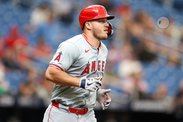 Apr 18, 2024; St. Petersburg, Florida, USA;  Los Angeles Angels outfielder Mike Trout (27) walks to first base against the Tampa Bay Rays in the sixth inning at Tropicana Field. Credit: Nathan Ray Seebeck-USA TODAY Sports