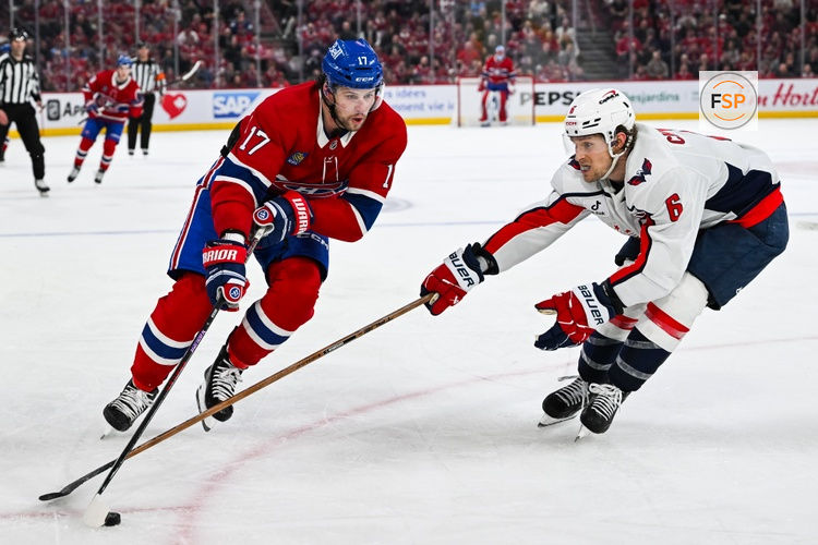 Apr 27, 2025; Montreal, Quebec, CAN; Montreal Canadiens right wing Josh Anderson (17) plays the puck against Washington Capitals defenseman Jakob Chychrun (6) during the third period in game four of the first round of the 2025 Stanley Cup Playoffs at Bell Centre. Credit: David Kirouac-Imagn Images