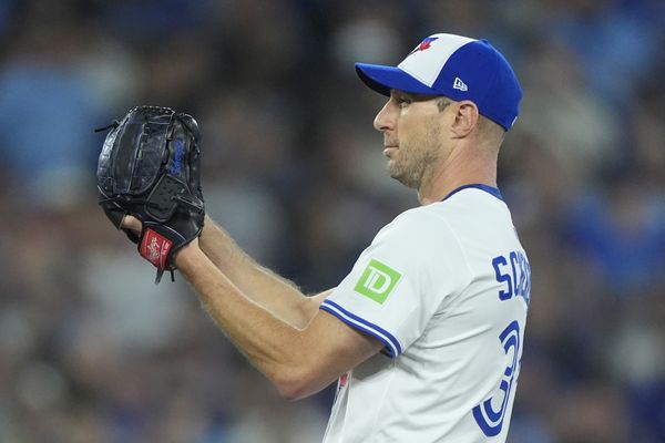 Nov 1, 2025; Toronto, Ontario, CAN; Toronto Blue Jays pitcher Max Scherzer (31) pitches against the Los Angeles Dodgers in the first inning during game seven of the 2025 MLB World Series at Rogers Centre. Mandatory Credit: John E. Sokolowski-Imagn Images