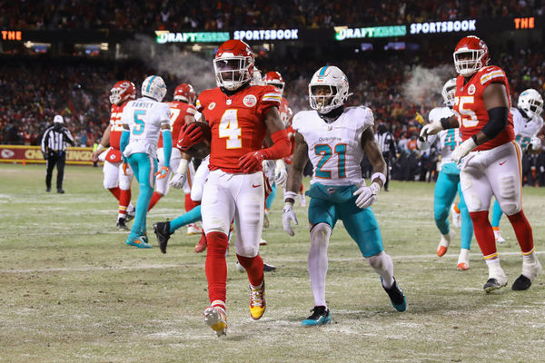 KANSAS CITY, MO - JANUARY 13: Kansas City Chiefs wide receiver Rashee Rice (4) crosses the goal line into a frozen end zone for a touchdown in the third quarter of an AFC Wild Card playoff game between the Miami Dolphins and Kansas City Chiefs on Jan 13, 2024 at GEHA Field at Arrowhead Stadium in Kansas City, MO.  The play was nullified by a penalty. (Photo by Scott Winters/Icon Sportswire)