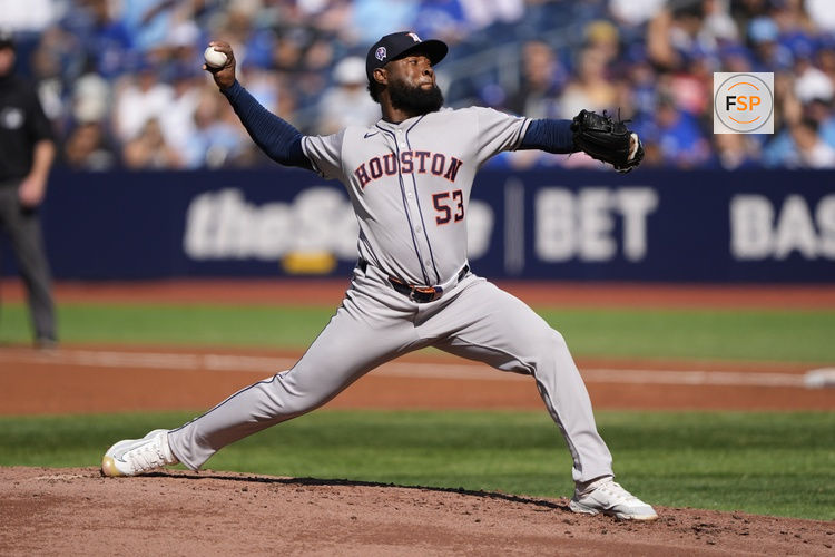 Sep 11, 2025; Toronto, Ontario, CAN; Houston Astros starting pitcher Cristian Javier (53) pitches to theToronto Blue Jays during the second inning at Rogers Centre. Credit: John E. Sokolowski-Imagn Images