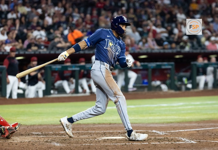 Apr 22, 2025; Phoenix, Arizona, USA; Tampa Bay Rays outfielder Chandler Simpson against the Arizona Diamondbacks at Chase Field. Credit: Mark J. Rebilas-Imagn Images