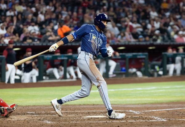 Apr 22, 2025; Phoenix, Arizona, USA; Tampa Bay Rays outfielder Chandler Simpson against the Arizona Diamondbacks at Chase Field. Mandatory Credit: Mark J. Rebilas-Imagn Images