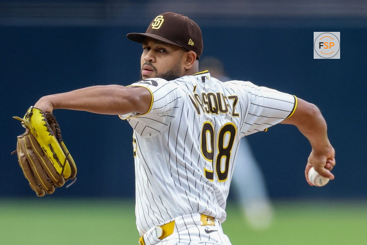 May 26, 2026; San Diego, California, USA; San Diego Padres starting pitcher Randy Vasquez (98) throws a pitch during the first inning against the Philadelphia Phillies at Petco Park. Credit: David Frerker-Imagn Images
