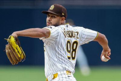 May 26, 2026; San Diego, California, USA; San Diego Padres starting pitcher Randy Vasquez (98) throws a pitch during the first inning against the Philadelphia Phillies at Petco Park. Mandatory Credit: David Frerker-Imagn Images