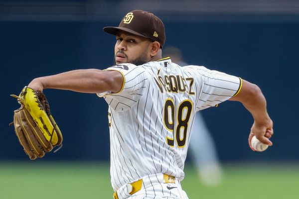 May 26, 2026; San Diego, California, USA; San Diego Padres starting pitcher Randy Vasquez (98) throws a pitch during the first inning against the Philadelphia Phillies at Petco Park. Mandatory Credit: David Frerker-Imagn Images