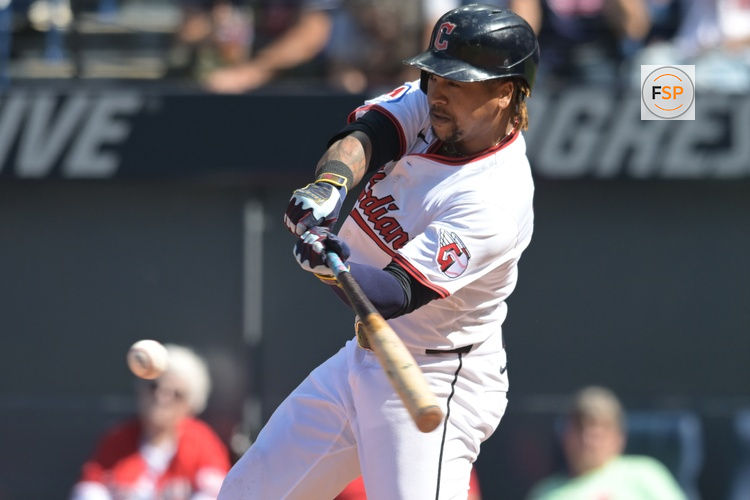 Sep 14, 2025; Cleveland, Ohio, USA; Cleveland Guardians designated hitter Jose Ramirez (11) hits a single against the Chicago White Sox during the fourth inning at Progressive Field. Credit: Ken Blaze-Imagn Images
