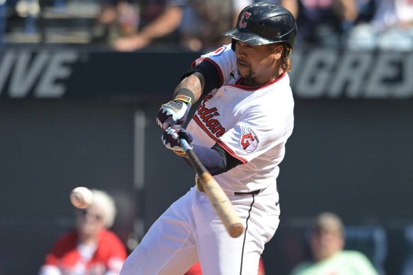 Sep 14, 2025; Cleveland, Ohio, USA; Cleveland Guardians designated hitter Jose Ramirez (11) hits a single against the Chicago White Sox during the fourth inning at Progressive Field. Mandatory Credit: Ken Blaze-Imagn Images