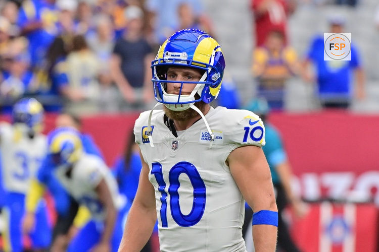 Sep 15, 2024; Glendale, Arizona, USA;  Los Angeles Rams wide receiver Cooper Kupp (10) prior to a game against the Arizona Cardinals at State Farm Stadium. Credit: Matt Kartozian-Imagn Images