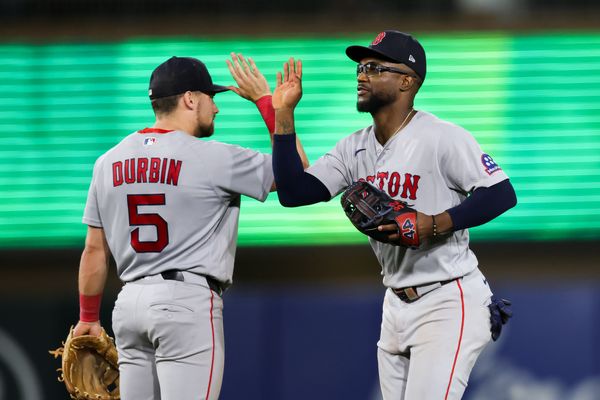 Jul 29, 2026; West Sacramento, California, USA; Boston Red Sox third baseman Caleb Durbin (5) celebrates with third baseman Caleb Durbin (5) after the game aAthletics at Sutter Health Park. Mandatory Credit: Sergio Estrada-Imagn Images
