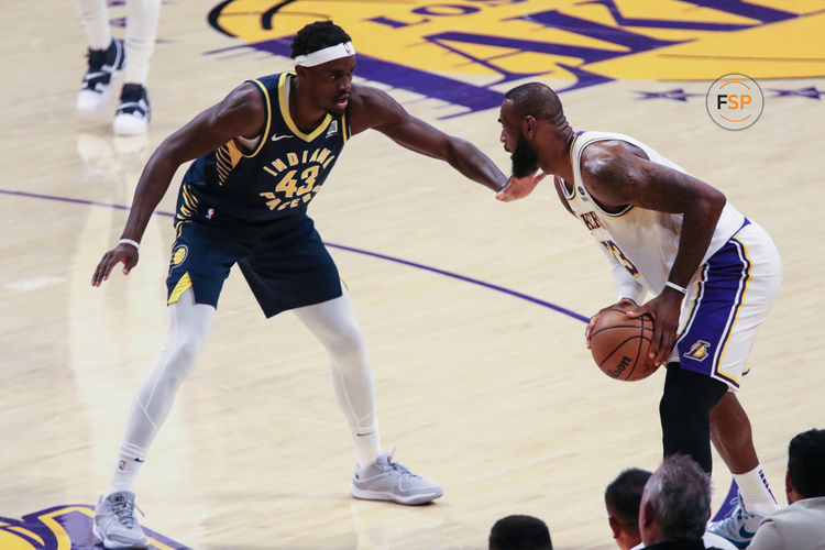 LOS ANGELES, CA - MARCH 24 : Indiana Pacers forward Pascal Siakam (43) playing defense on Los Angeles Lakers forward LeBron James (23) during the Indiana Pacers vs Los Angeles Lakers game on March 24, 2024, at Crypto.com Arena in Los Angeles, CA. (Photo by Jevone Moore/Icon Sportswire)