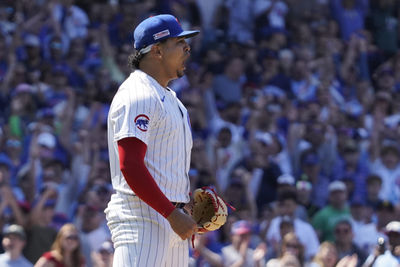 Jun 14, 2025; Chicago, Illinois, USA; Chicago Cubs pitcher Daniel Palencia (48) reacts after getting the final out against the Pittsburgh Pirates during the ninth inning at Wrigley Field. Mandatory Credit: David Banks-Imagn Images