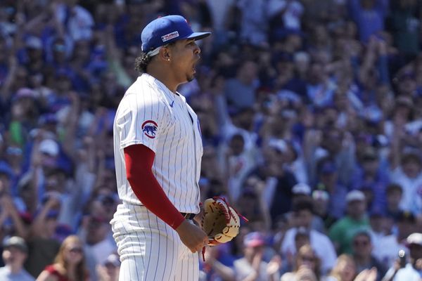 Jun 14, 2025; Chicago, Illinois, USA; Chicago Cubs pitcher Daniel Palencia (48) reacts after getting the final out against the Pittsburgh Pirates during the ninth inning at Wrigley Field. Mandatory Credit: David Banks-Imagn Images