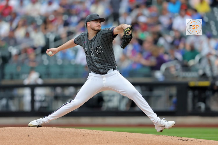 Jun 27, 2026; New York City, New York, USA; New York Mets starting pitcher Christian Scott (45) pitches against the Philadelphia Phillies during the first inning at Citi Field. Credit: Brad Penner-Imagn Images