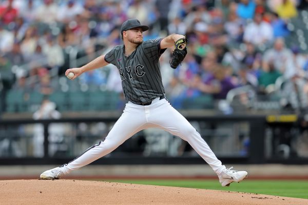 Jun 27, 2026; New York City, New York, USA; New York Mets starting pitcher Christian Scott (45) pitches against the Philadelphia Phillies during the first inning at Citi Field. Mandatory Credit: Brad Penner-Imagn Images