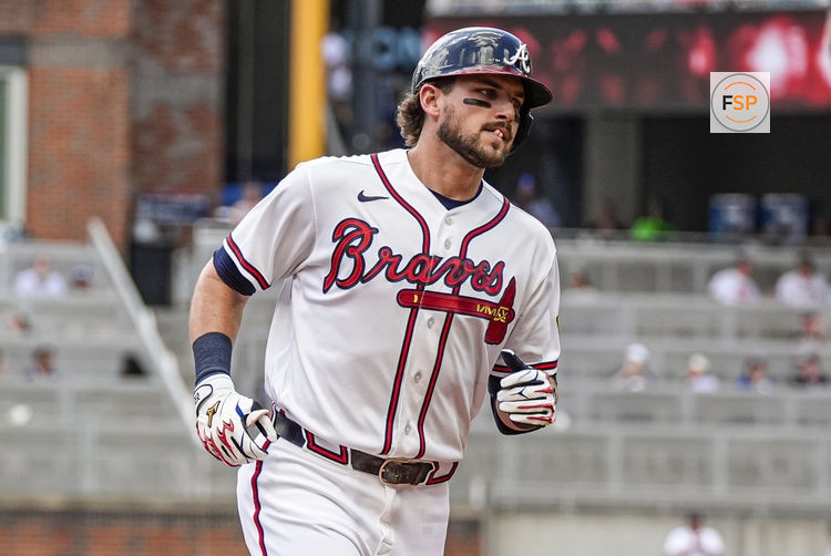 Jul 19, 2026; Cumberland, Georgia, USA; Atlanta Braves third baseman Austin Riley (27) runs after hitting a home run against the Texas Rangers during the second inning at Truist Park. Credit: Dale Zanine-Imagn Images