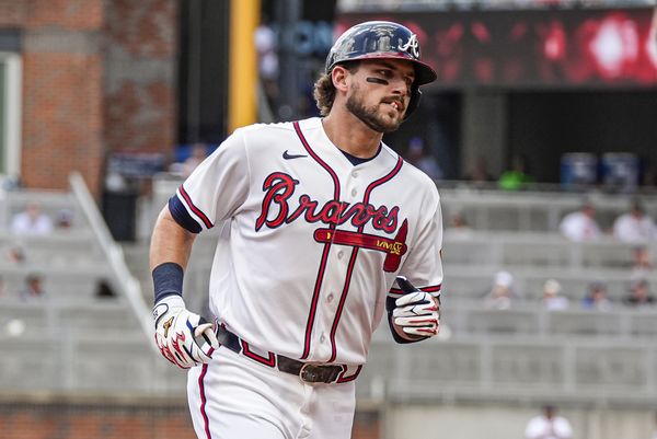 Jul 19, 2026; Cumberland, Georgia, USA; Atlanta Braves third baseman Austin Riley (27) runs after hitting a home run against the Texas Rangers during the second inning at Truist Park. Mandatory Credit: Dale Zanine-Imagn Images