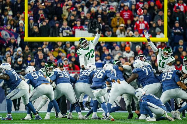 Nov 13, 2025; Foxborough, Massachusetts, USA; New England Patriots kicker Andy Borregales (36) misses the field goal attempt against the New York Jets in the second quarter at Gillette Stadium. Mandatory Credit: David Butler II-Imagn Images
