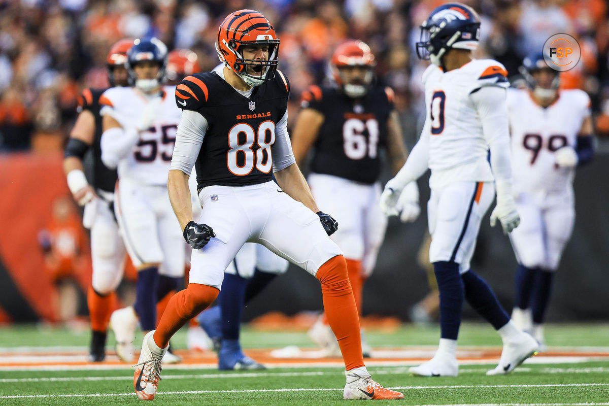 Dec 28, 2024; Cincinnati, Ohio, USA; Cincinnati Bengals tight end Mike Gesicki (88) reacts after a play against the Denver Broncos in the first half at Paycor Stadium. Credit: Katie Stratman-Imagn Images