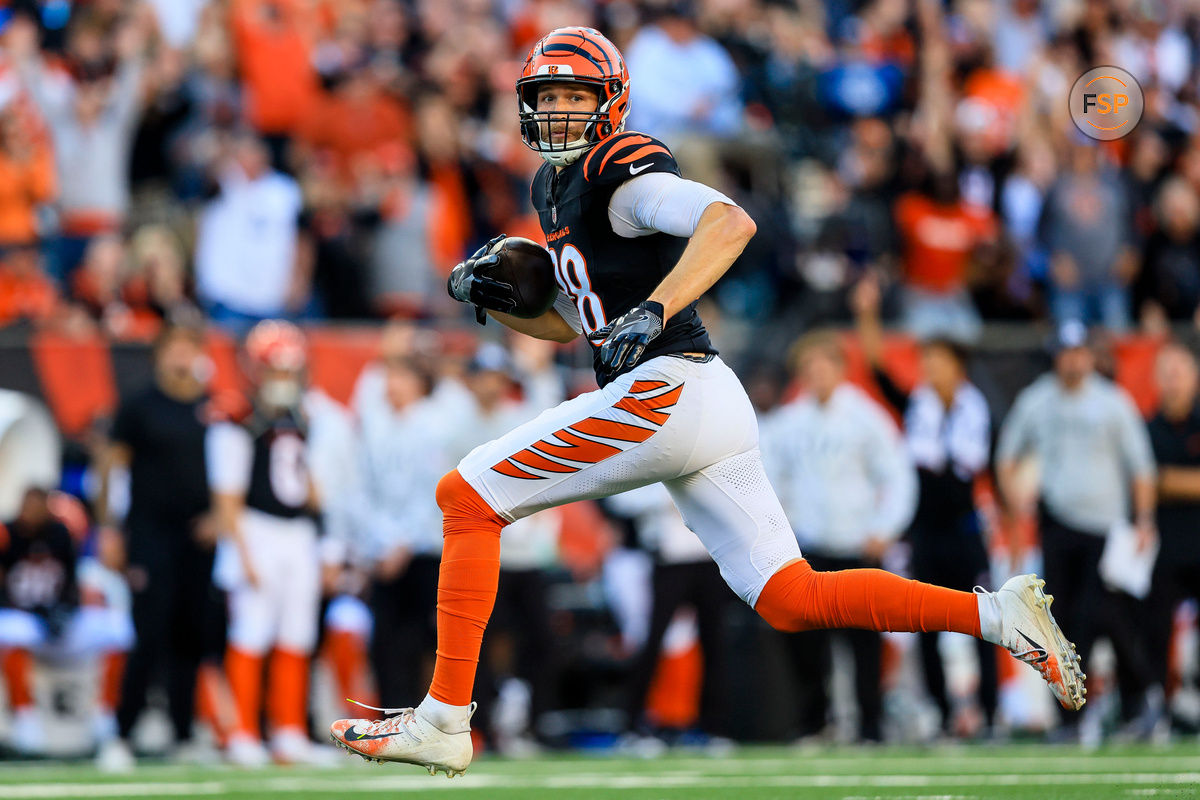 Nov 3, 2024; Cincinnati, Ohio, USA; Cincinnati Bengals tight end Mike Gesicki (88) runs with the ball against the Las Vegas Raiders in the second half at Paycor Stadium. Credit: Katie Stratman-Imagn Images